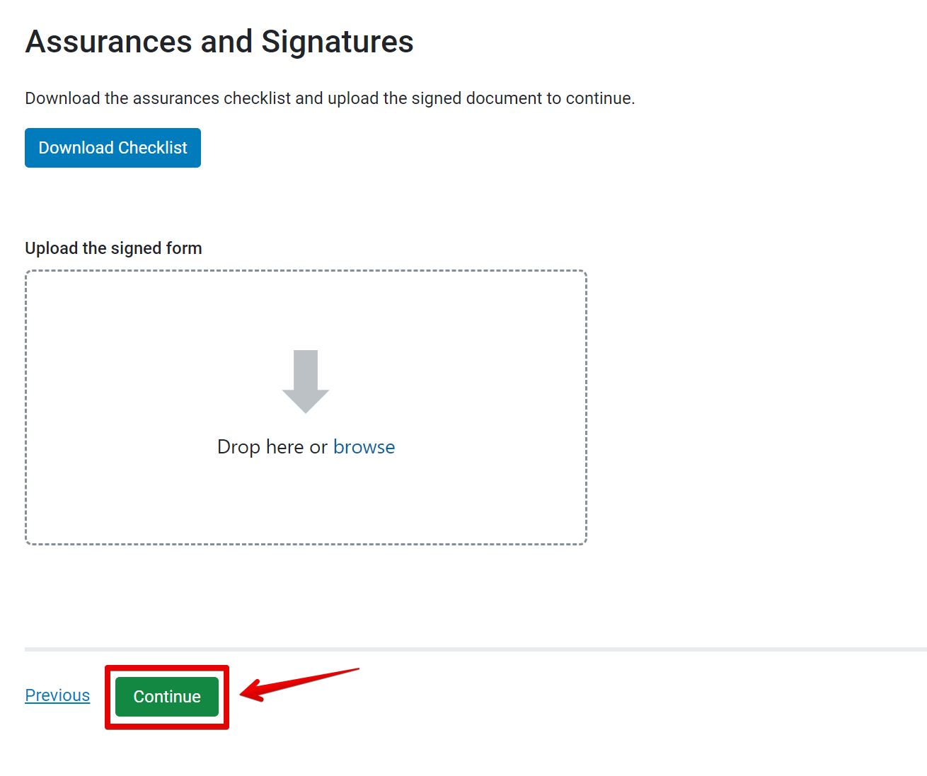 Upload signed form and continue