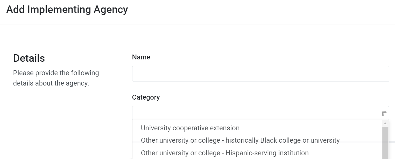 Agency name and category fields