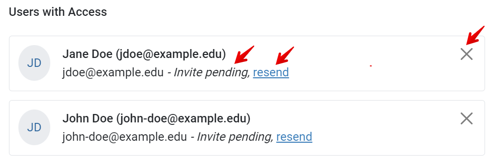 Arrows point to the invite pending notice, resend email link, and x to remove a user
