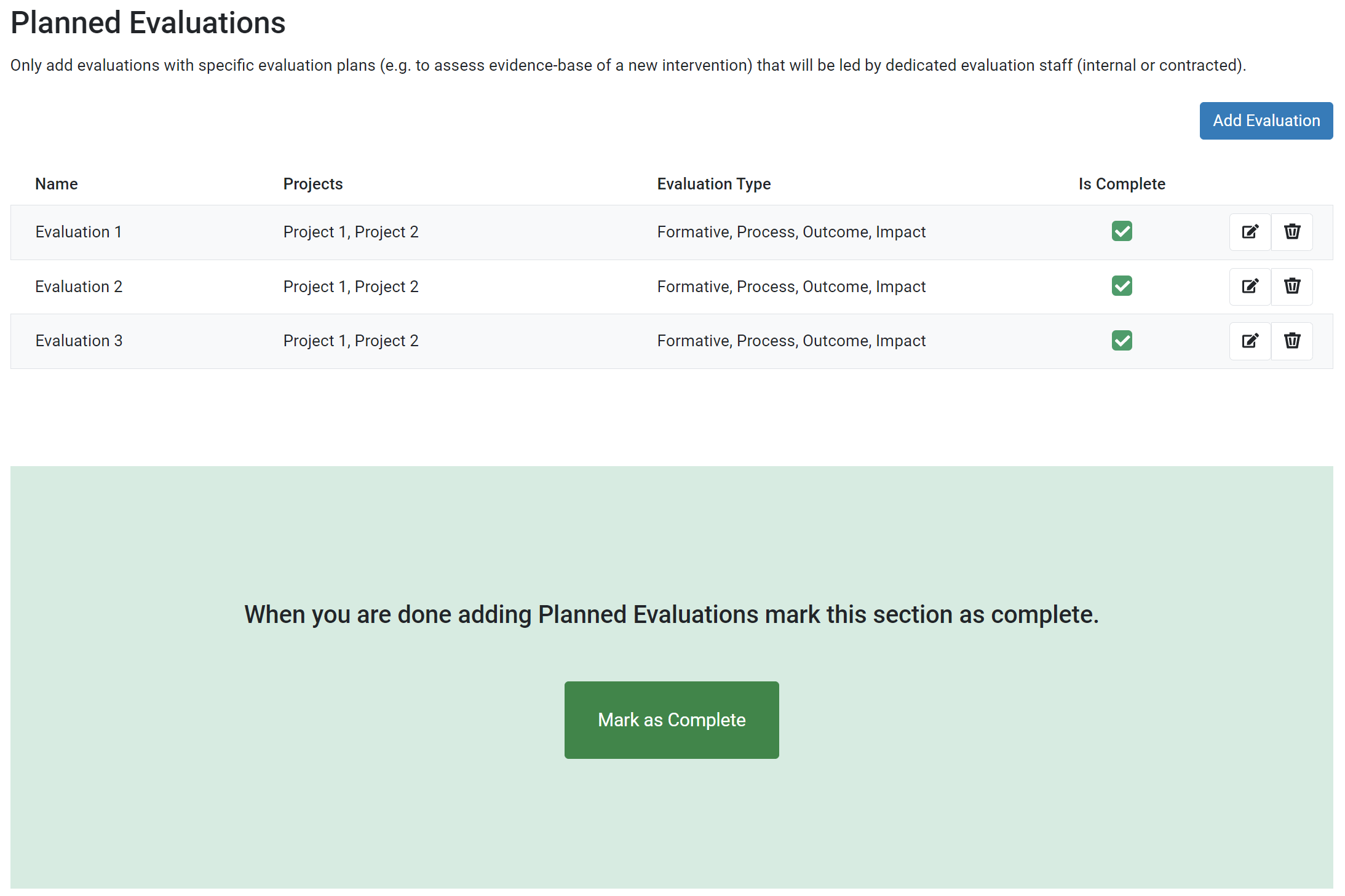 Planned Evaluations Mark as Complete Button